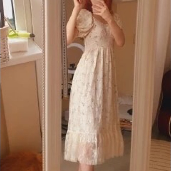 Dress Floral lace combo puff sleeve elegant womens green ruffle - Picture 13 of 16